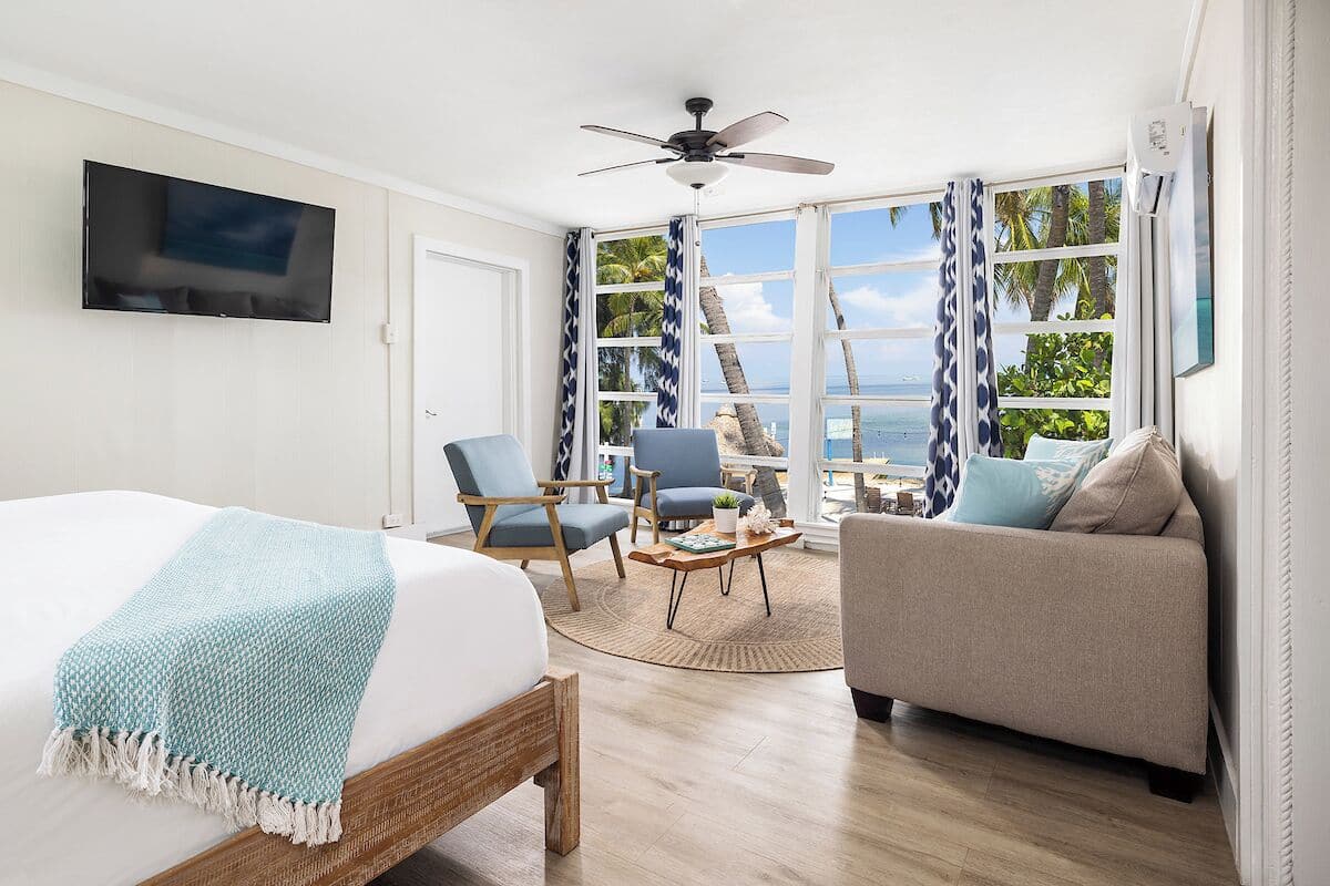 A bedroom with a bed, two chairs, a sofa, a TV, and a large window with a view of the ocean.
