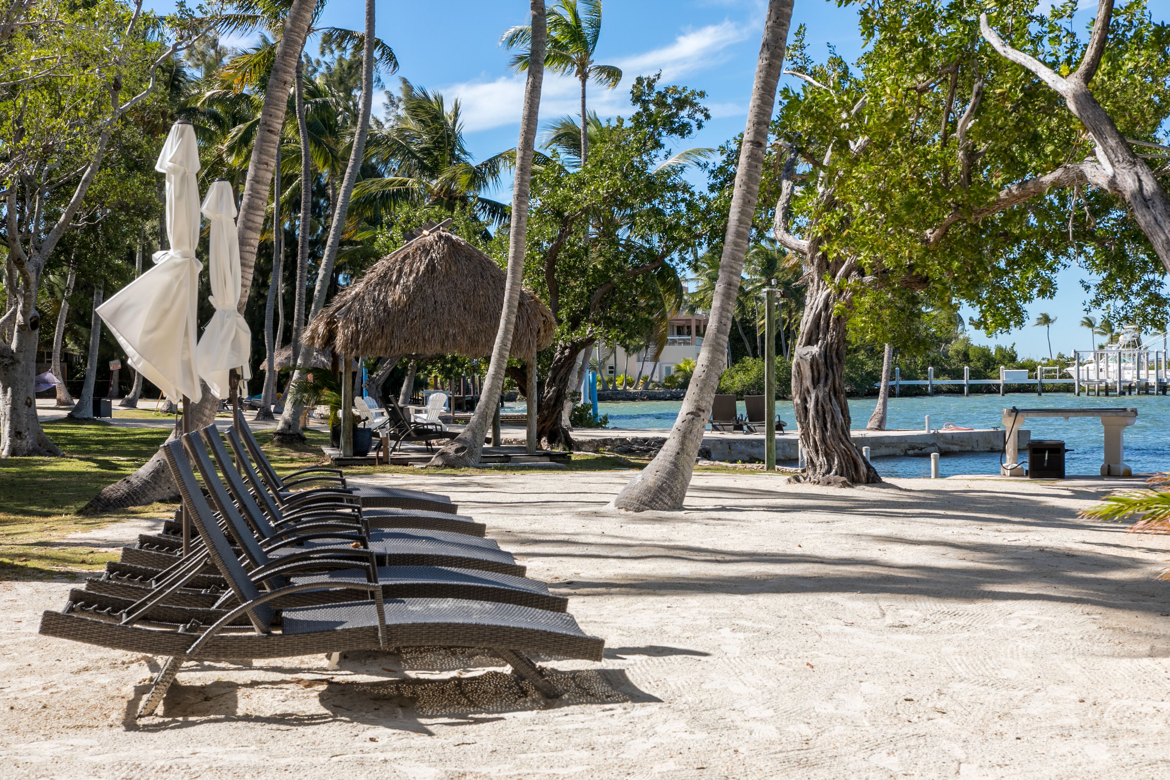 Una playa con sillas de descanso y sombrillas, palmeras y una estructura de techo de paja.