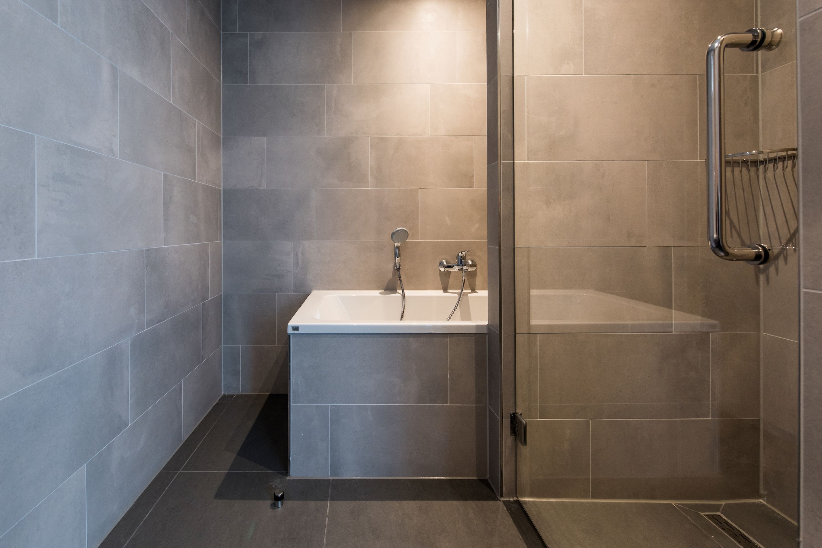 Ein modernes Badezimmer mit Dusche, Waschbecken und Haltegriff.