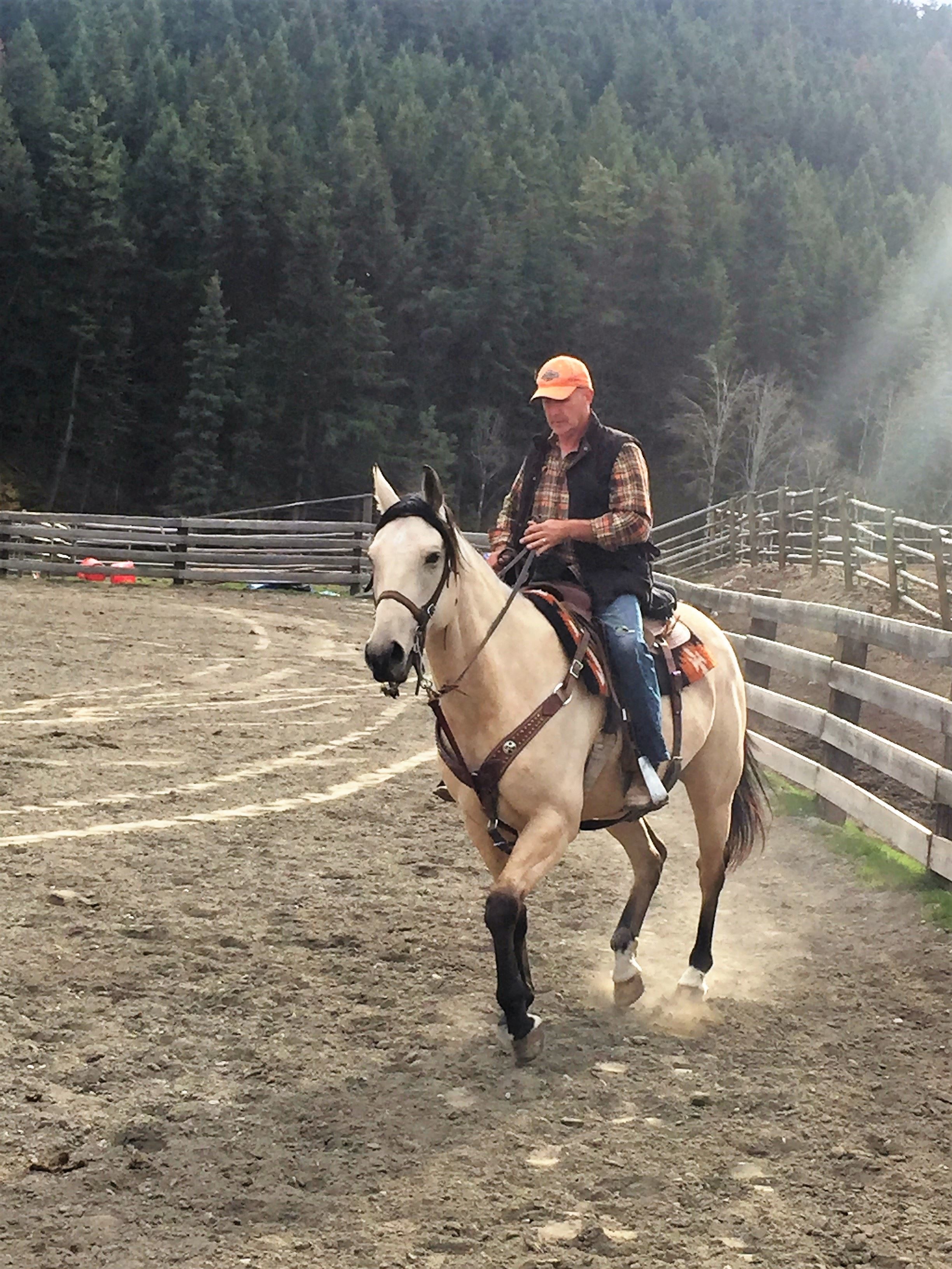 A person riding a horse in an outdoor arena with a dirt ground and a wooden fence.