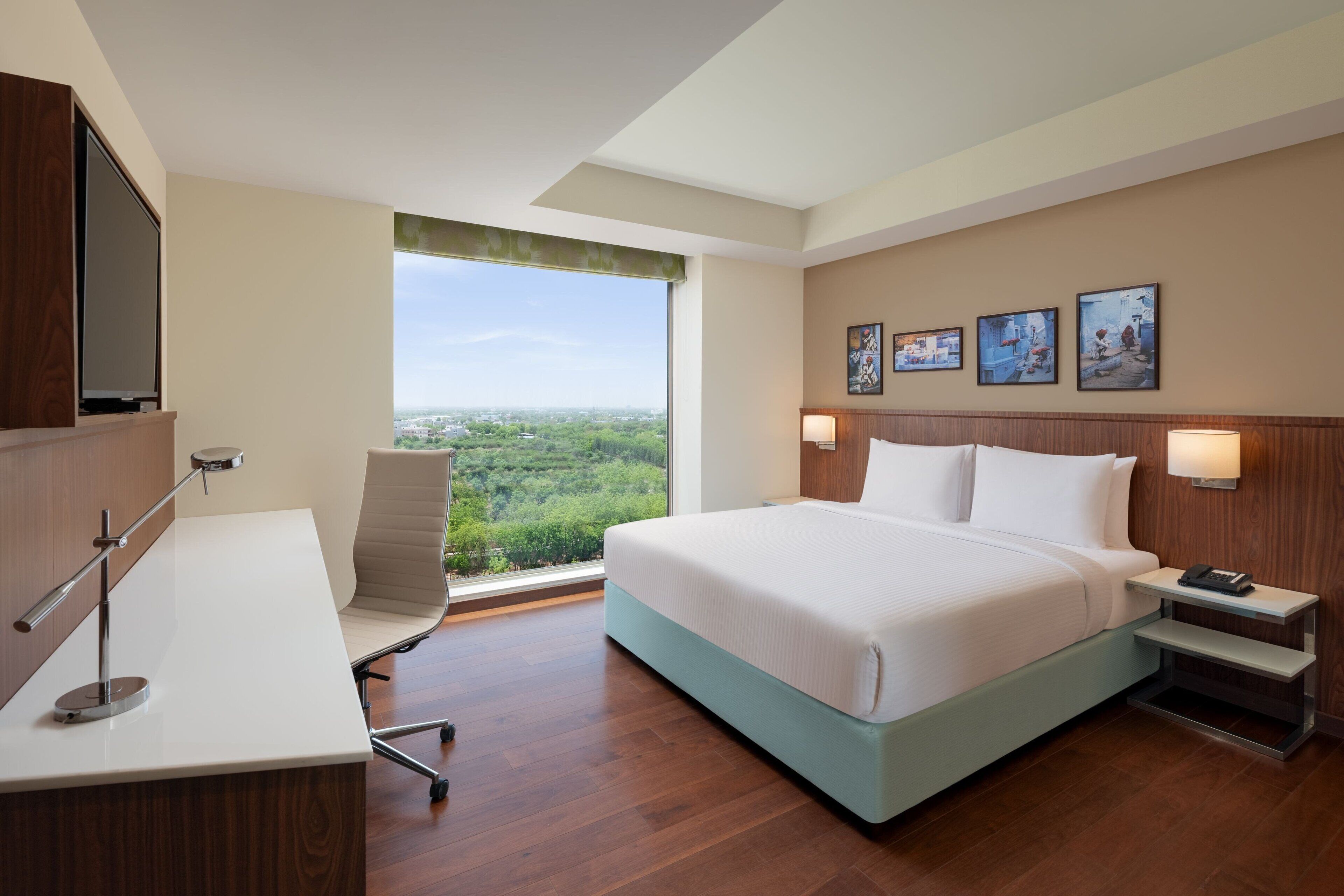 A hotel room with a large bed, a desk, a chair, a TV, and a window with a city view.
