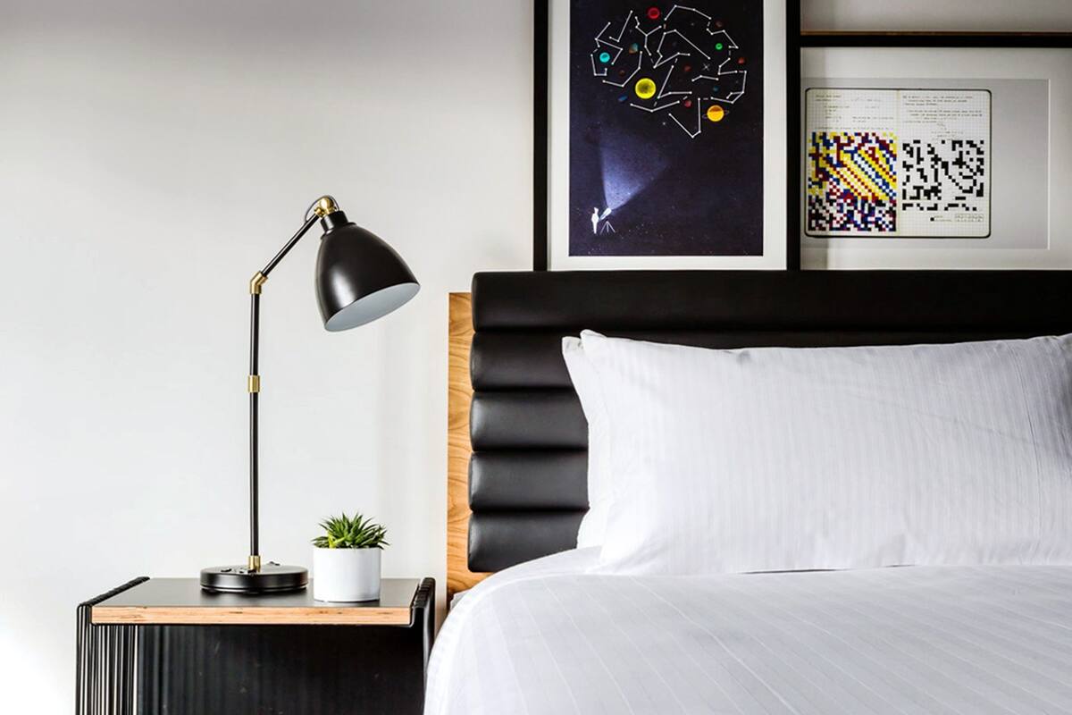 A neatly made bed with white linens, a black headboard, a bedside table with a lamp, and a small potted plant.