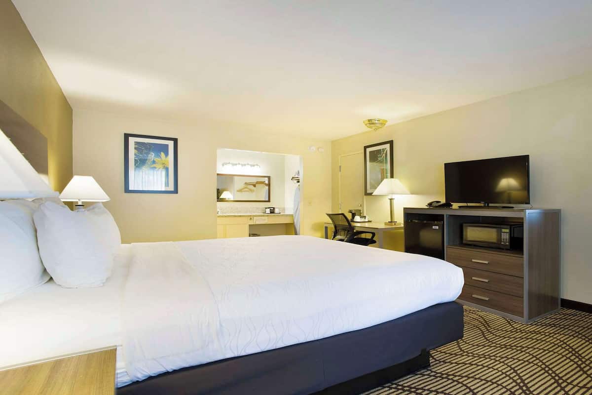 A hotel room with a large bed, a desk with a computer, a television, and a mirror.