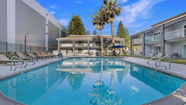 A swimming pool with lounge chairs and umbrellas, surrounded by buildings and palm trees. - SureStay Plus Hotel by Best Western Sacramento North (Sacramento)