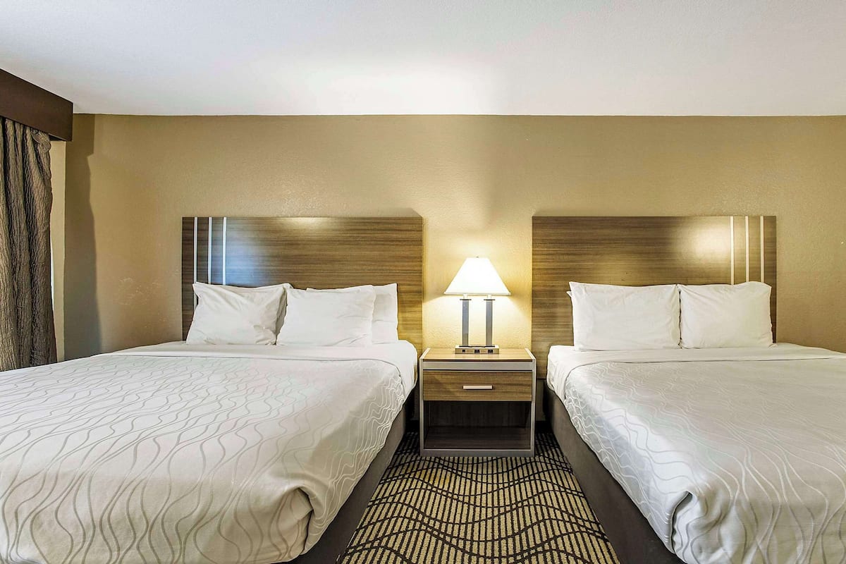 A hotel room with two beds, a nightstand with a lamp, and a patterned rug.
