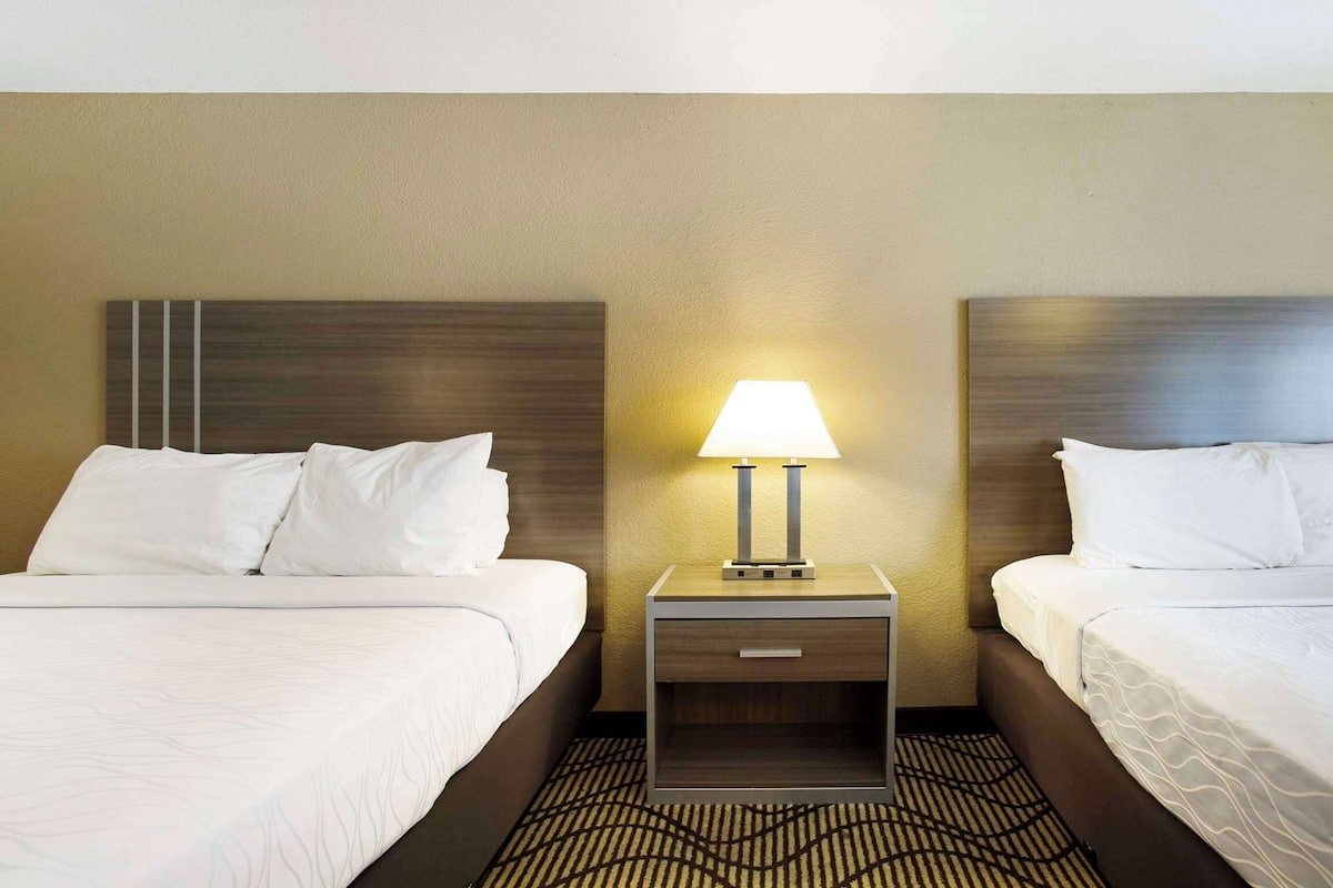 A hotel room with two beds, a nightstand with a lamp, and a patterned carpet.