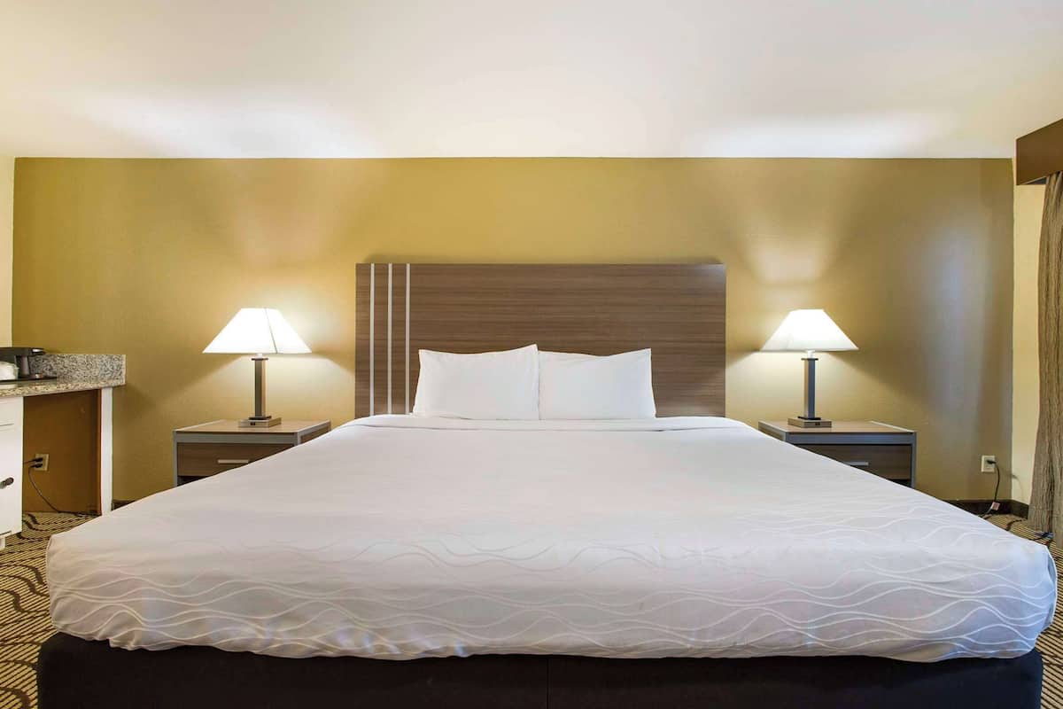 A hotel room with a large bed, two bedside tables with lamps, a dresser, and a view of the outdoors.