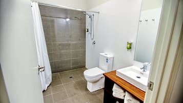 Un baño con ducha, inodoro, lavabo y espejo.
