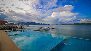 Piscina externa, guarda-sóis, espreguiçadeiras