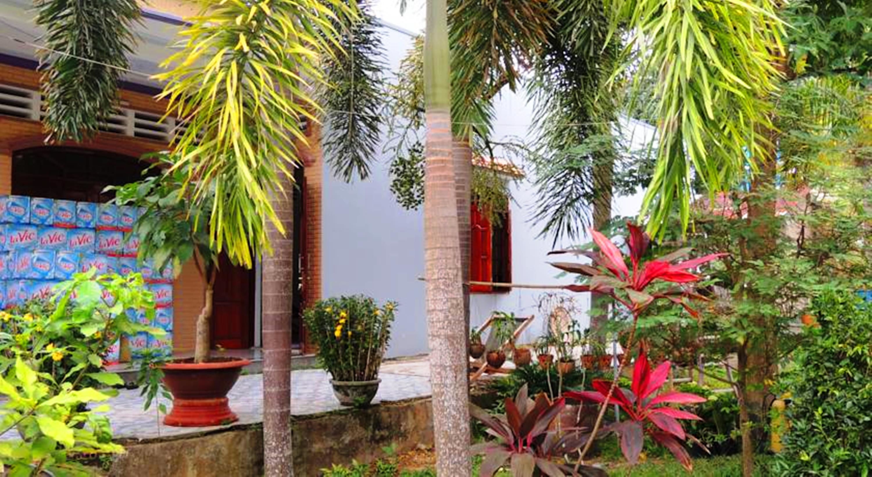 A courtyard with various plants, a red door, and a wall with blue and white patterns.
