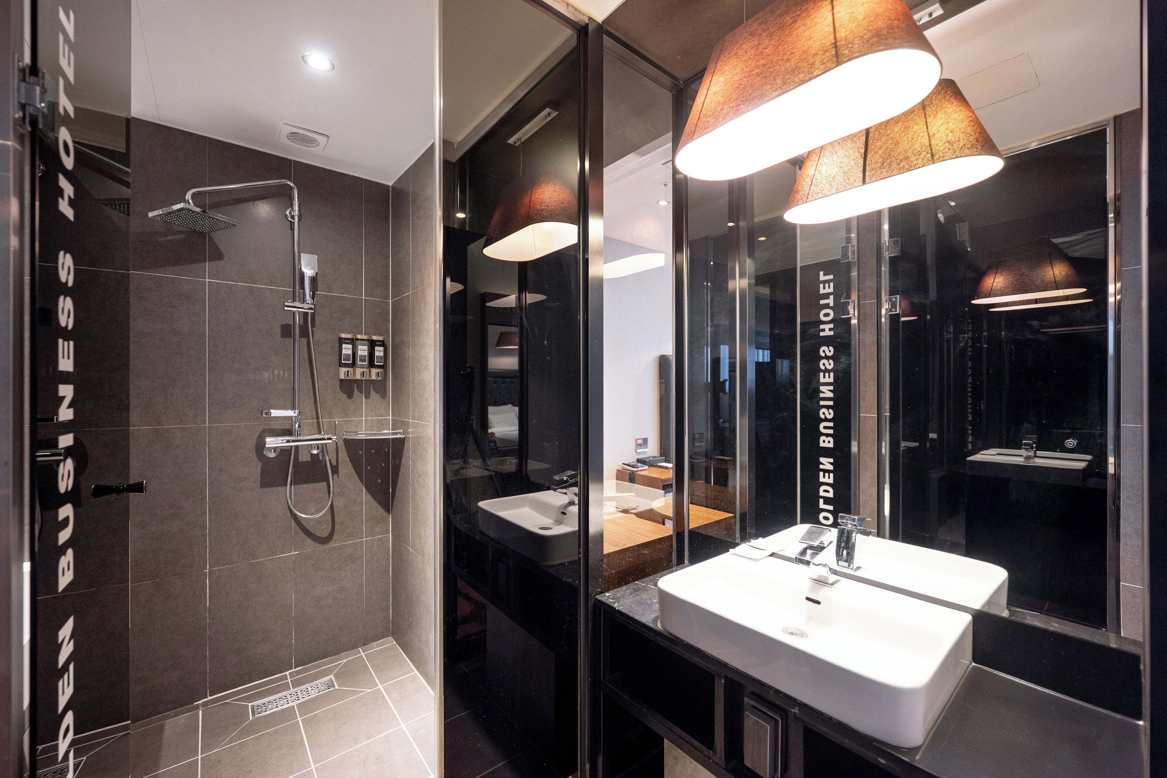 Une salle de bain moderne avec une douche à parois de verre, un grand miroir et un lavabo blanc.