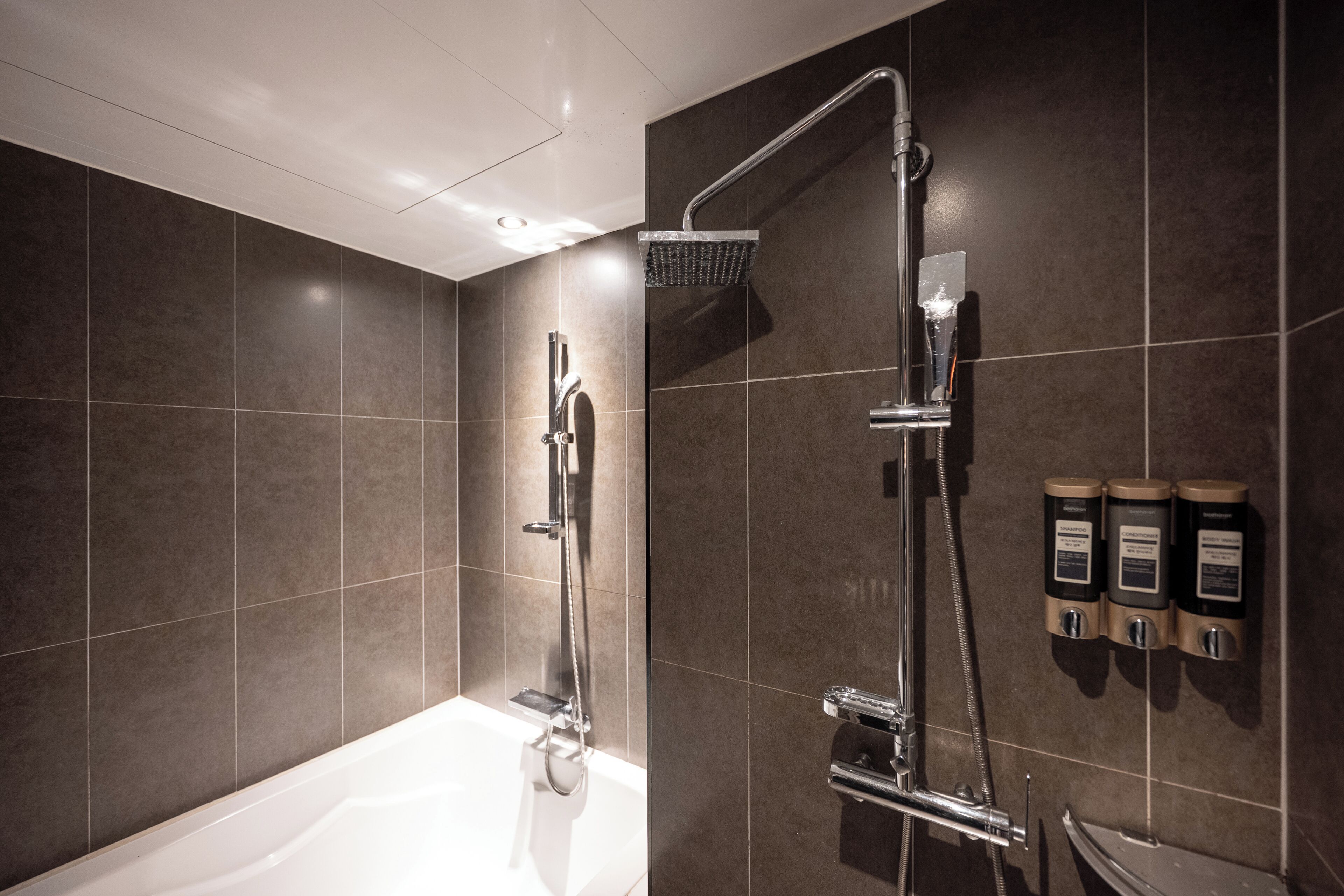 Un baño moderno con bañera, ducha con cabezal de ducha de mano y dispensadores de jabón de pared.