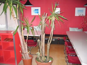 A conference room with red walls, a white table, and several potted plants.