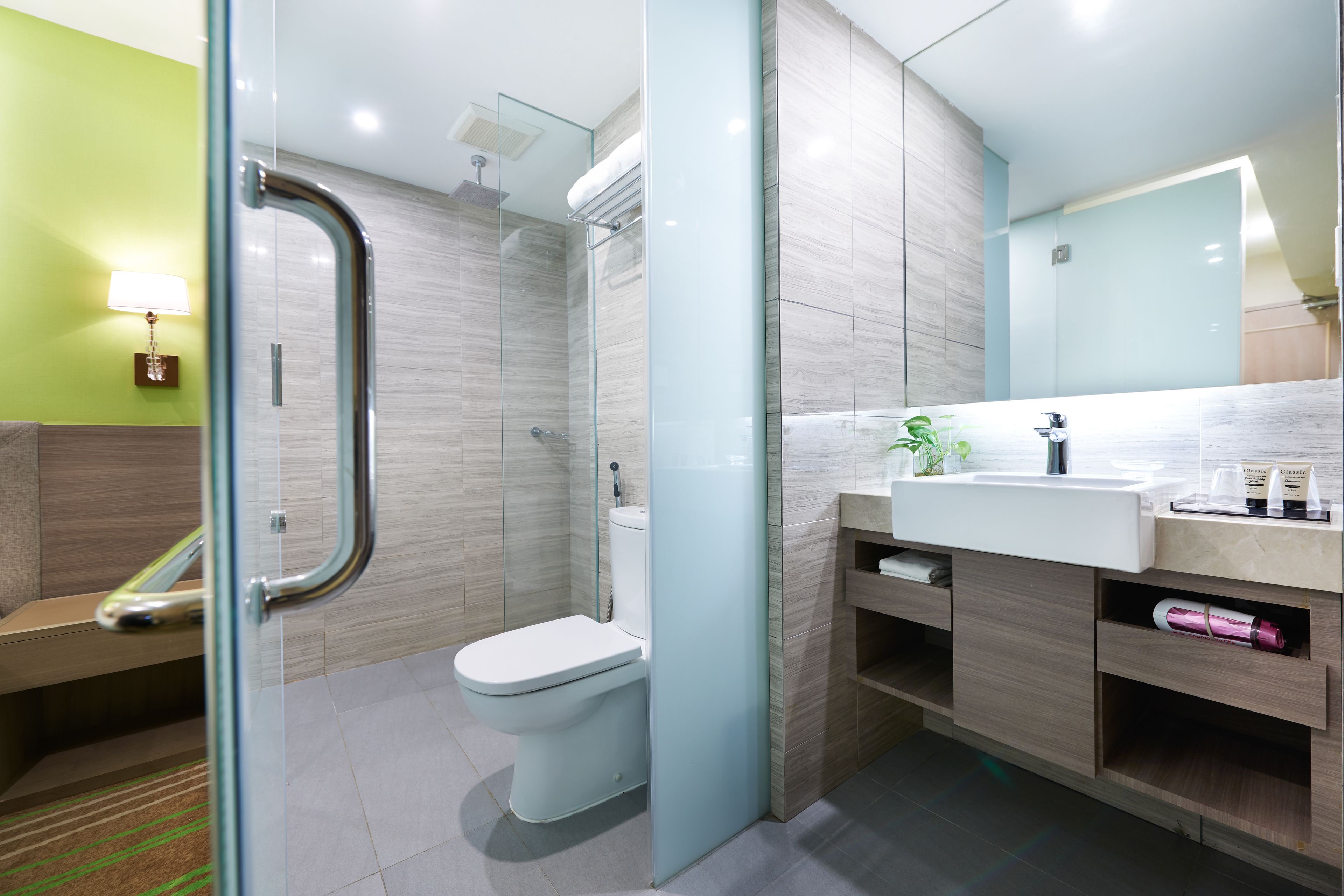 shower, free toiletries, hair dryer, slippers