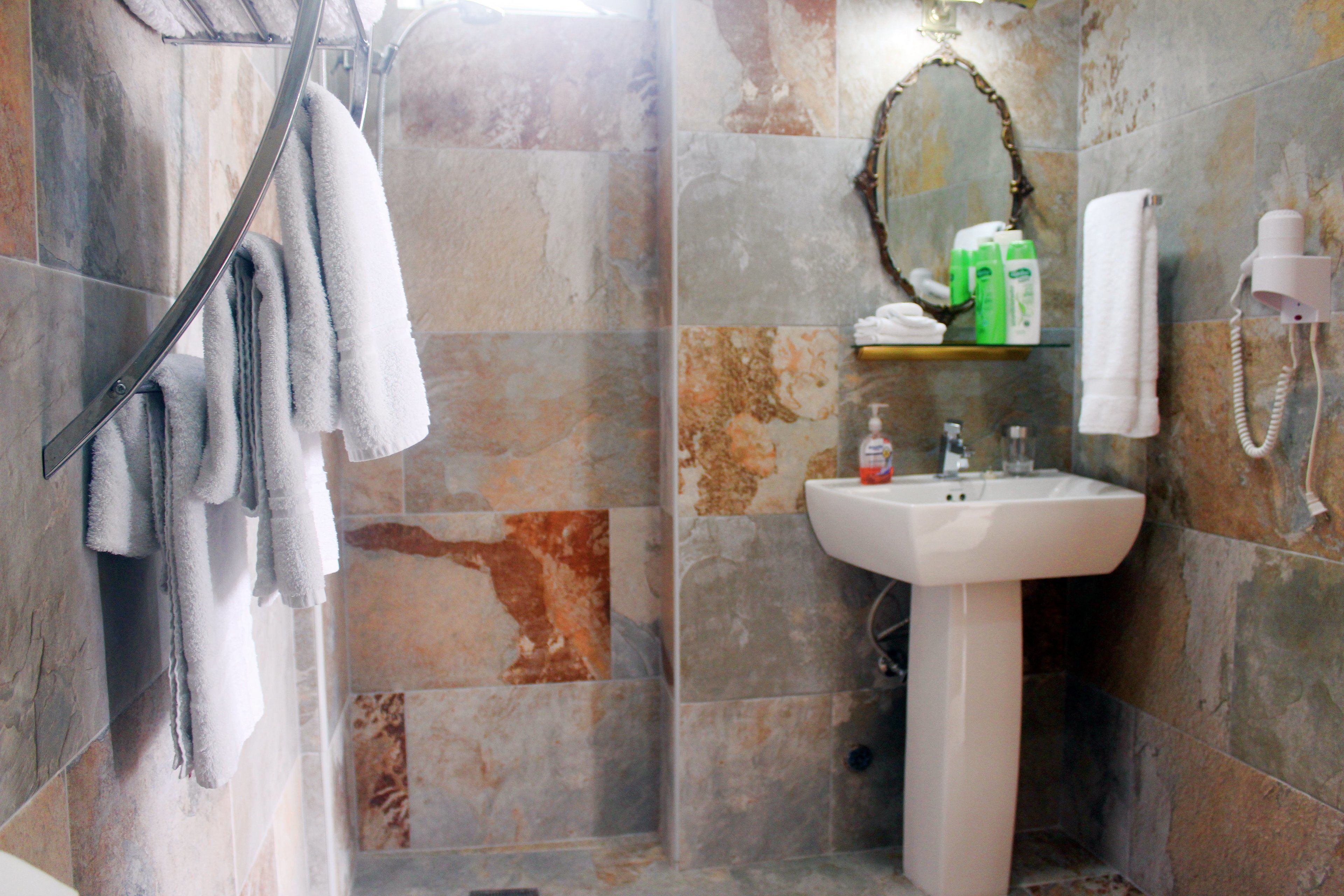 Une salle de bain avec une douche, un lavabo et un miroir.