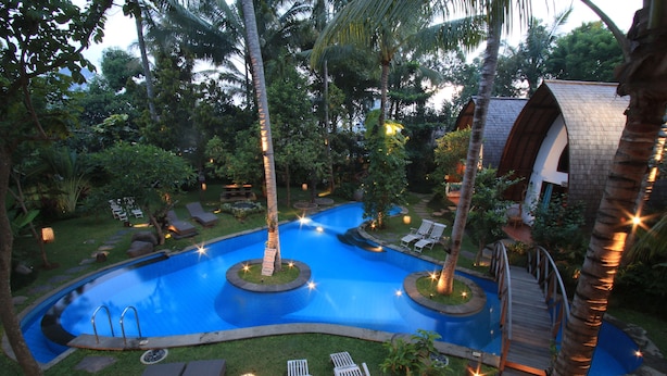 A pool surrounded by palm trees and lounge chairs, with a wooden bridge connecting different sections. - Green Bird Villa (Ubud)