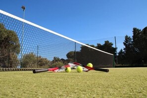 Una cancha de tenis con una red, raquetas y pelotas.