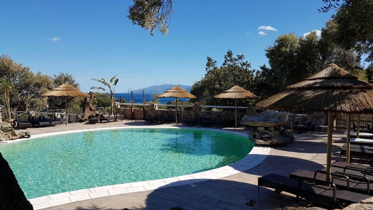 Ein Pool mit geschwungener Kante, umgeben von Liegestühlen und Reetdachschirmen, mit Blick auf das Meer und die Berge im Hintergrund.