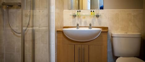 A bathroom with a glass shower enclosure, a sink with a mirror above it, and a toilet.