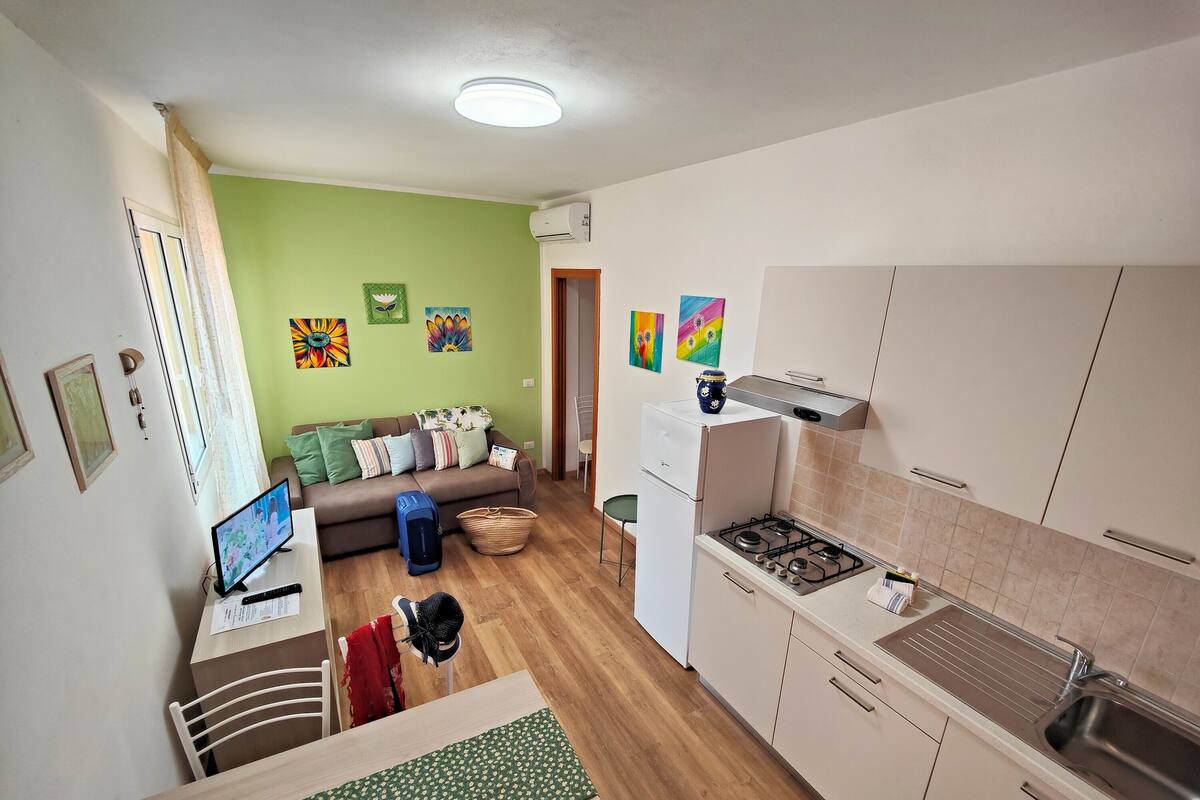A compact living space with a kitchenette, a dining area, and a sofa.