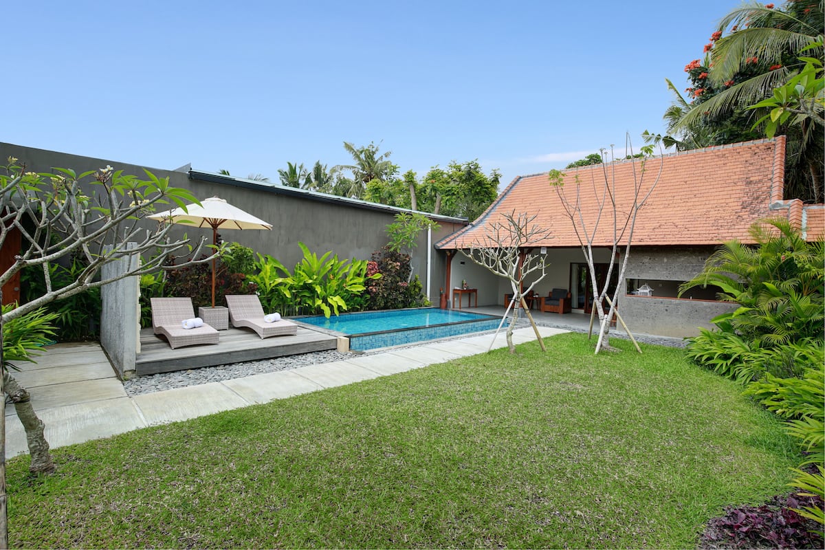 A backyard with a swimming pool, lounge chairs, and a concrete wall.