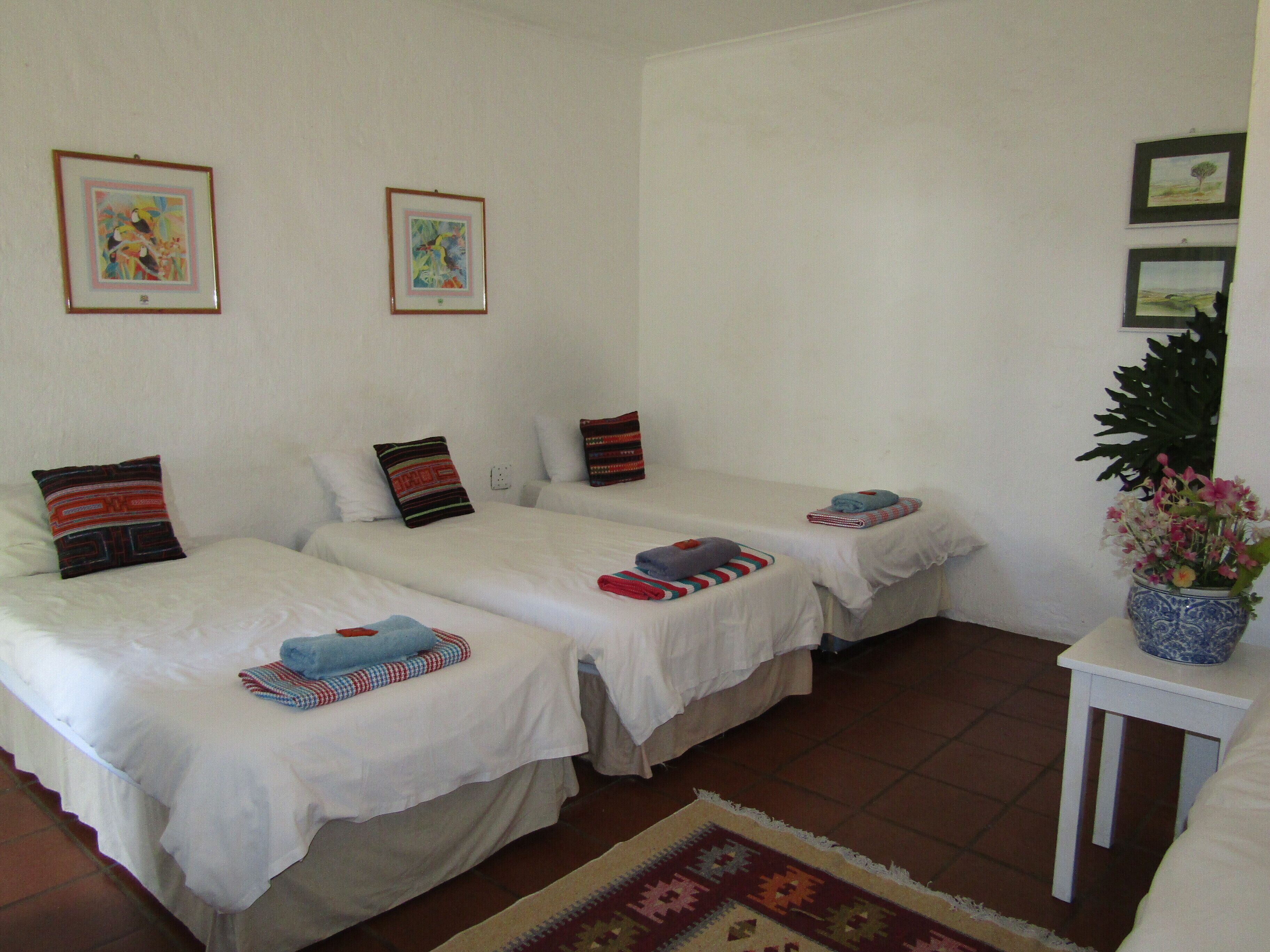 A room with two single beds, white bedding, and colorful pillows. There are framed pictures on the wall and a small table with a vase of flowers.