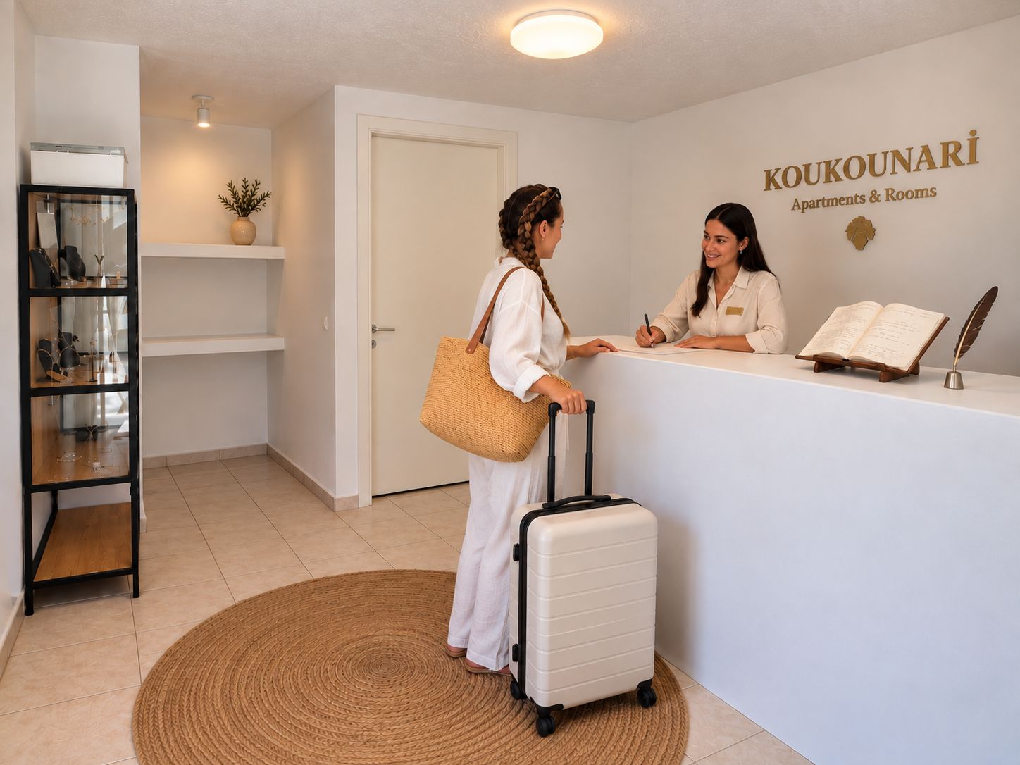 Eine Rezeption mit einem Schild für 'KOUKOUNARI Apartments & Rooms'.