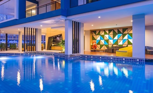 Outdoor pool, pool umbrellas, pool loungers