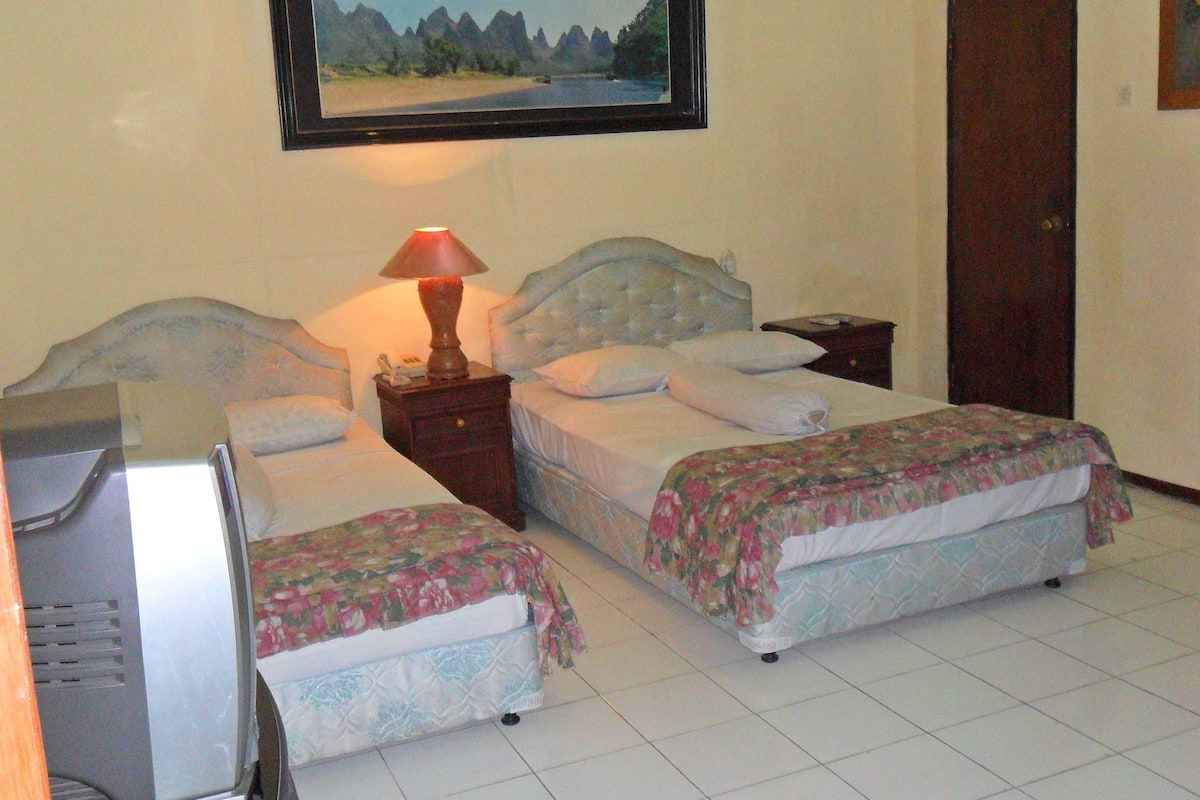 A bedroom with two beds, a nightstand with a lamp, a television, and a framed picture on the wall.