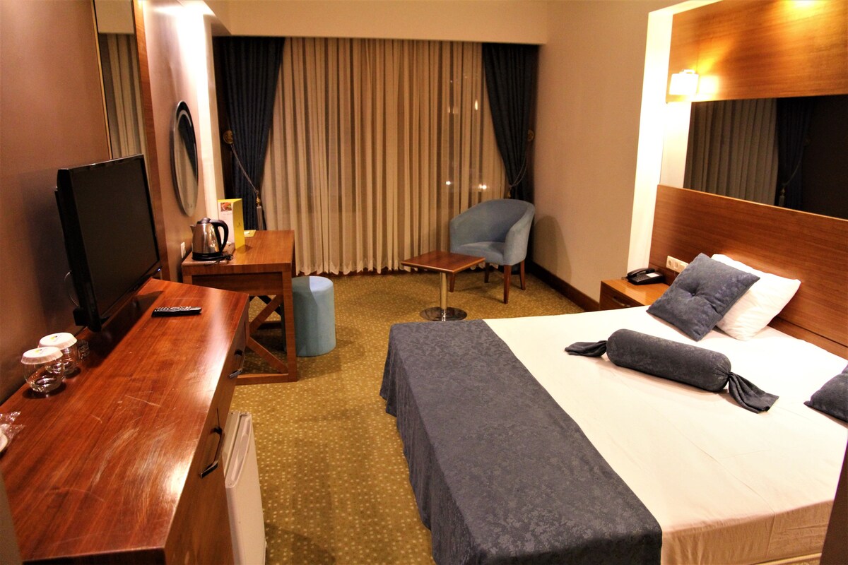 A hotel room with a bed, a desk with a computer, a chair, and a television.