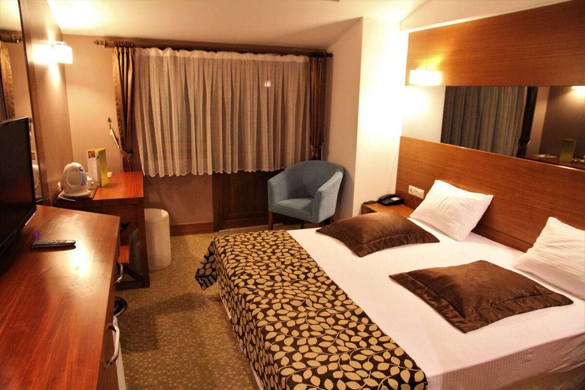 A hotel room with a bed, a desk, a chair, and a TV.