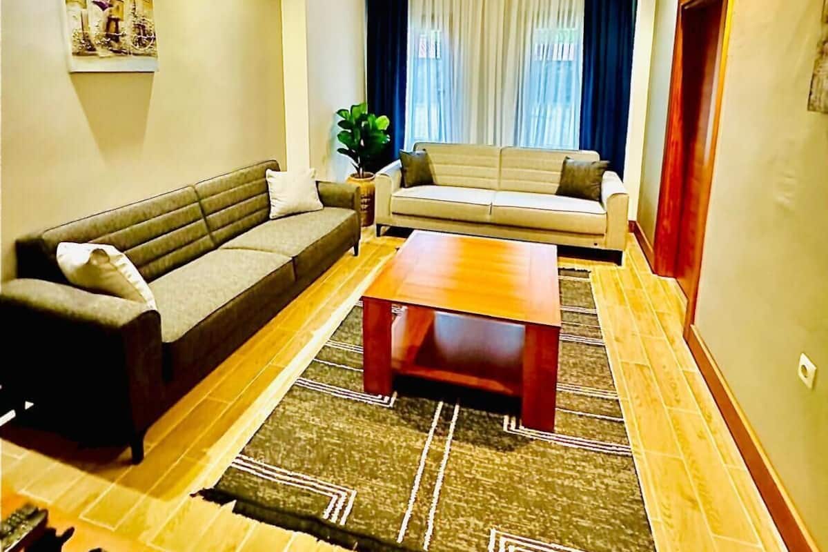 A living room with two sofas, a coffee table, a rug, and a plant.