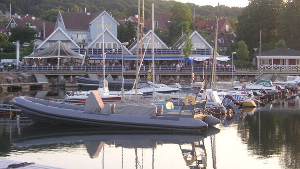 A marina with boats docked, a covered seating area, and buildings in the background. - Rasta Hallandsåsen (Ostra Karup)