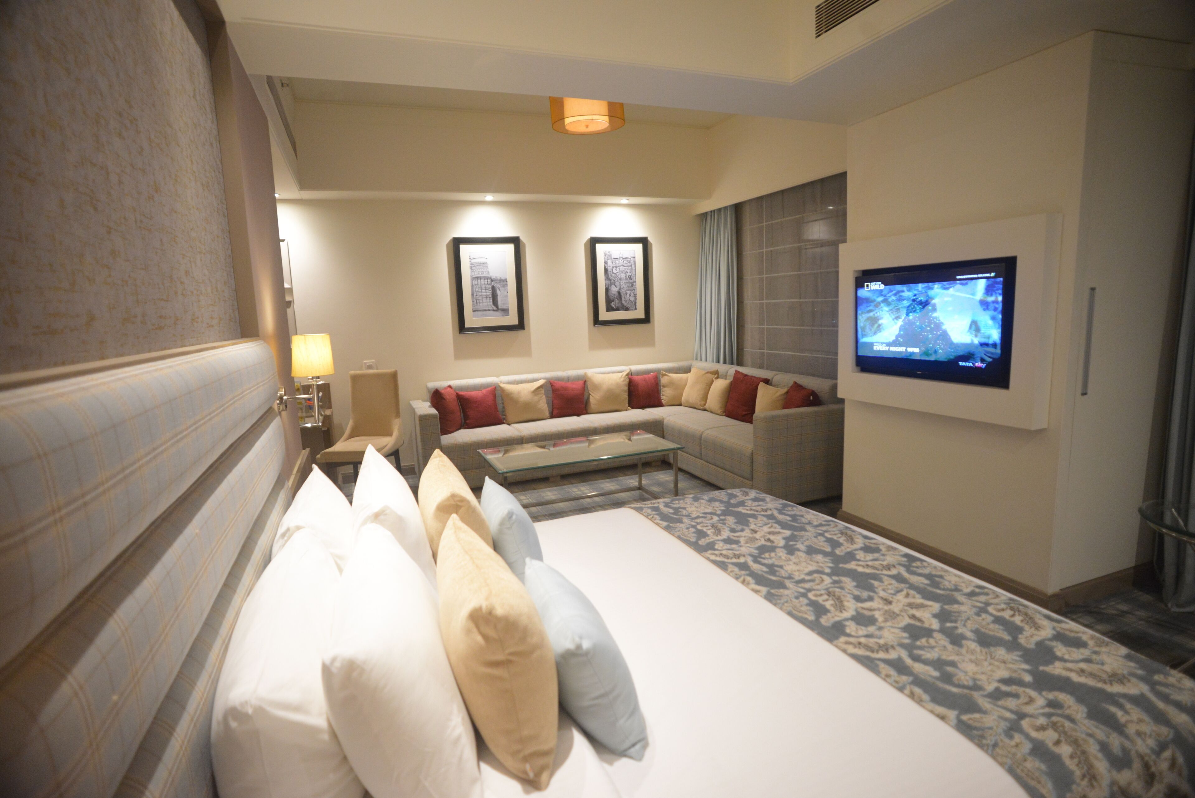 Una habitación de hotel con cama, sofá, televisor y cuadros en la pared.
