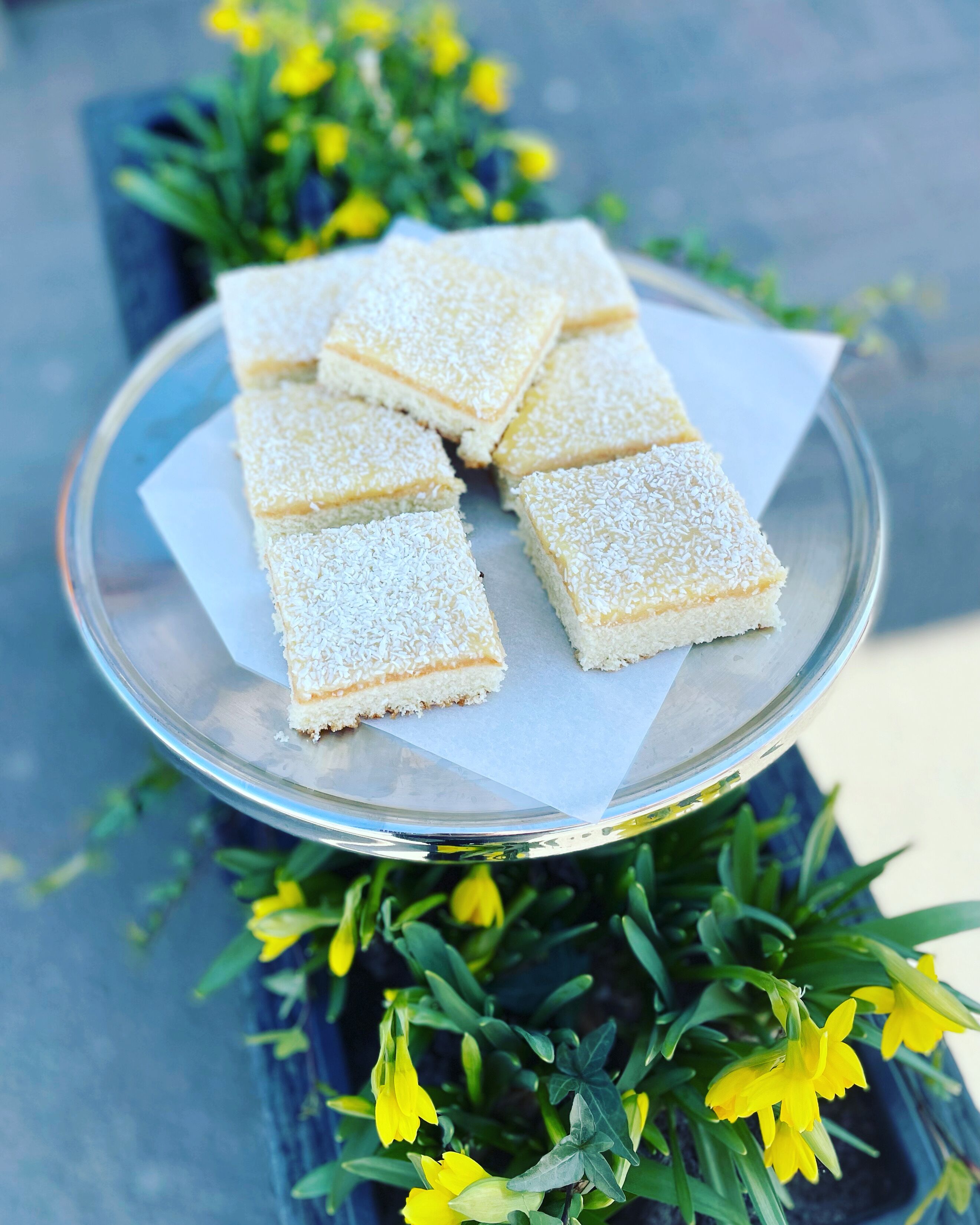 A tray of square desserts topped with shredded coconut, placed on a reflective surface.