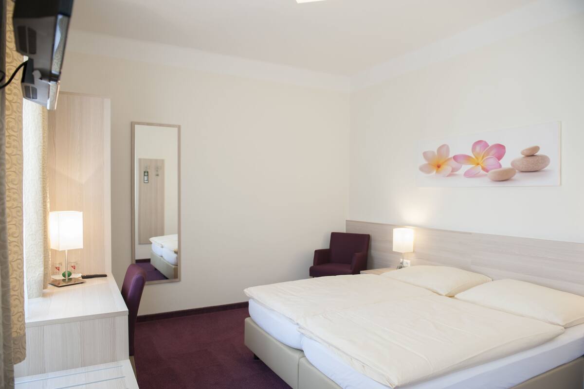 Habitación doble | Caja fuerte, escritorio, cortinas opacas y wifi gratis