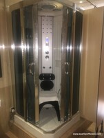 A glass-enclosed shower stall with a control panel, a toilet, and a control panel above the toilet.