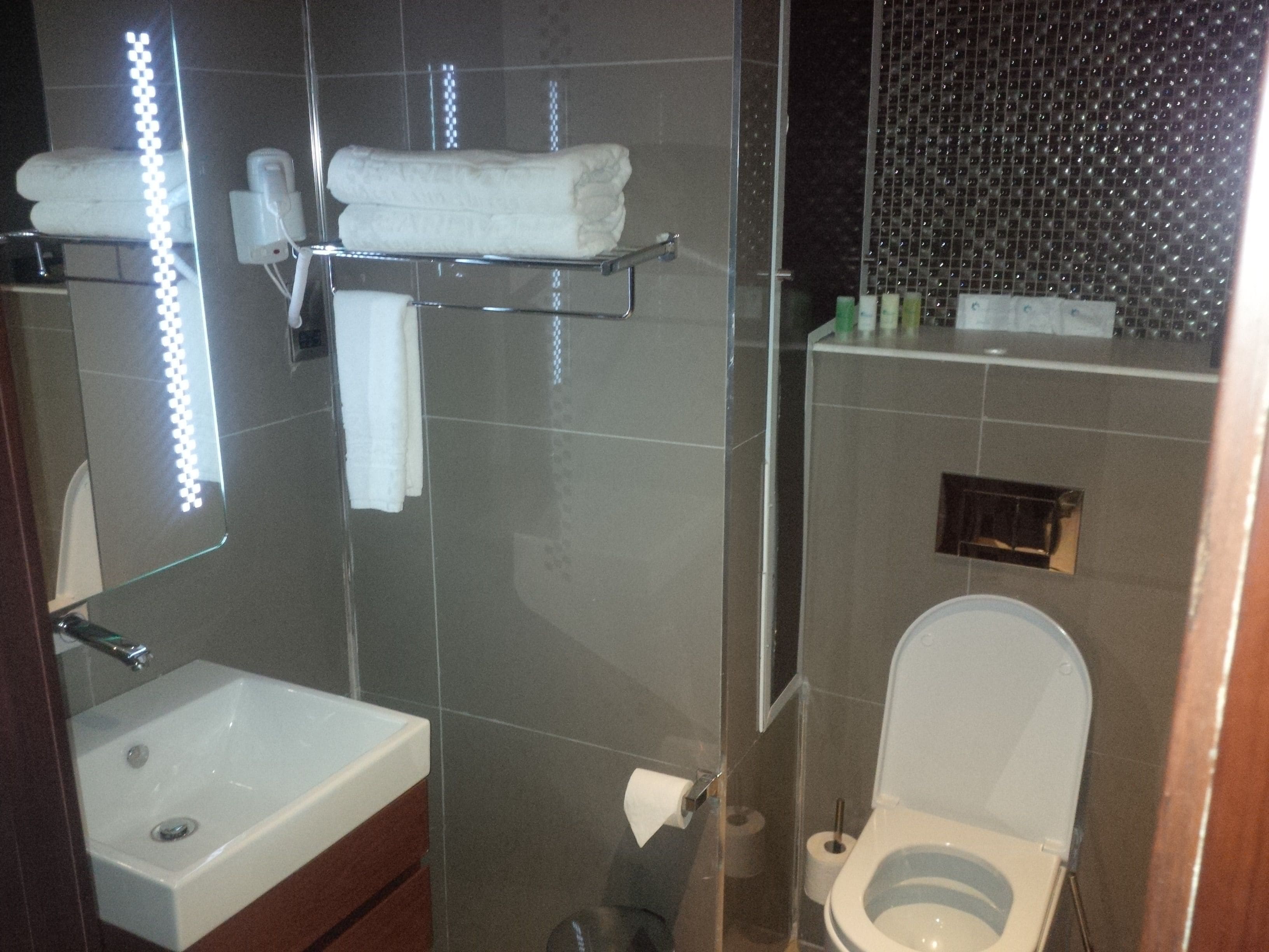Un baño con ducha de vidrio, lavamanos e inodoro.