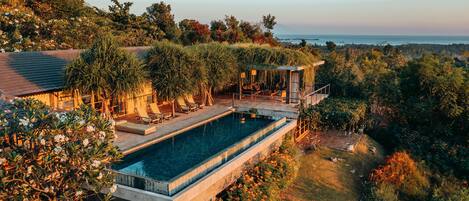 A modern house with a swimming pool, surrounded by lush greenery and a view of the ocean.