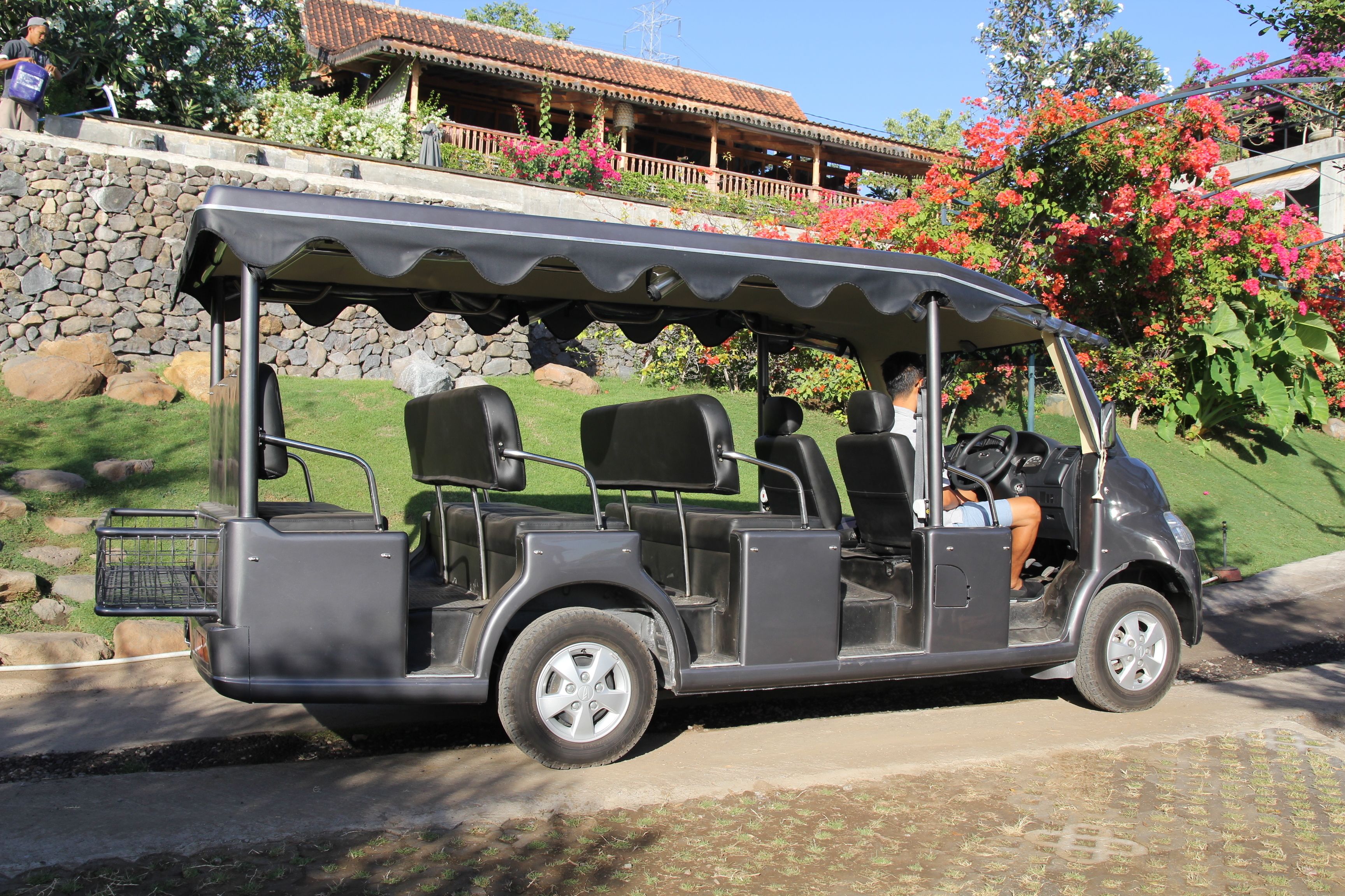 A golf cart with a canopy, a driver, and a passenger.