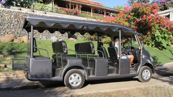 A golf cart with a canopy, a driver, and a passenger.
