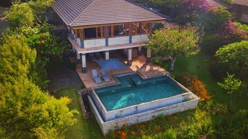 A two-story house with a swimming pool, surrounded by lush greenery and flowering plants.