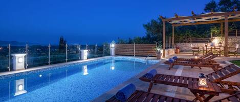 Outdoor pool, pool umbrellas, pool loungers
