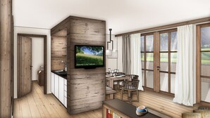 A modern kitchen with a built-in TV, wooden cabinetry, and a dining area with a table and chairs. - Alpbach Lodge Chalet Superior (Alpbach)