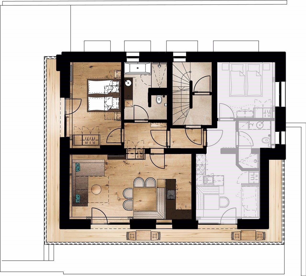 A floor plan of a hotel with multiple rooms, a central living area, and a kitchen.