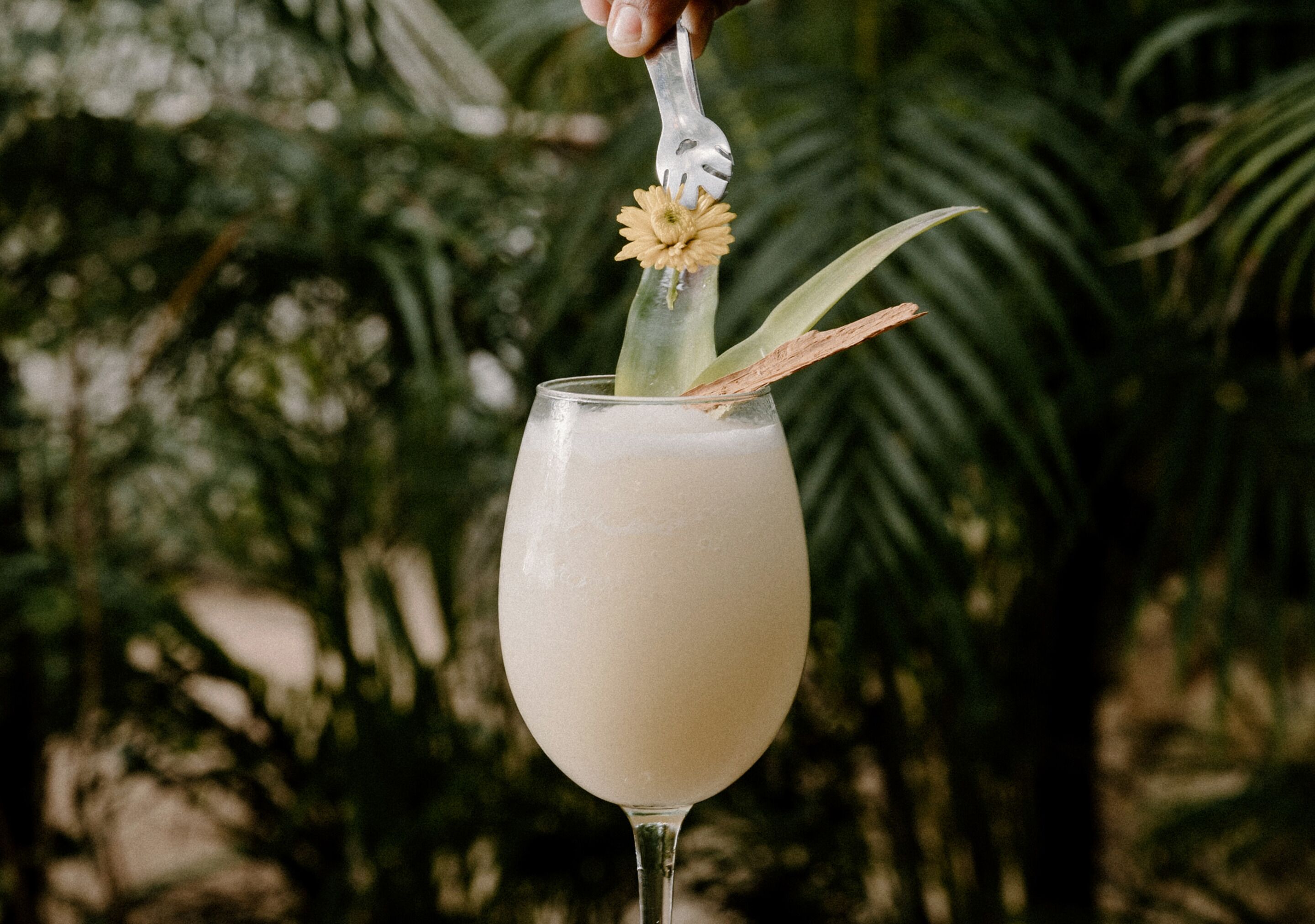 A cocktail with a flower garnish and a straw, set against a blurred natural background.