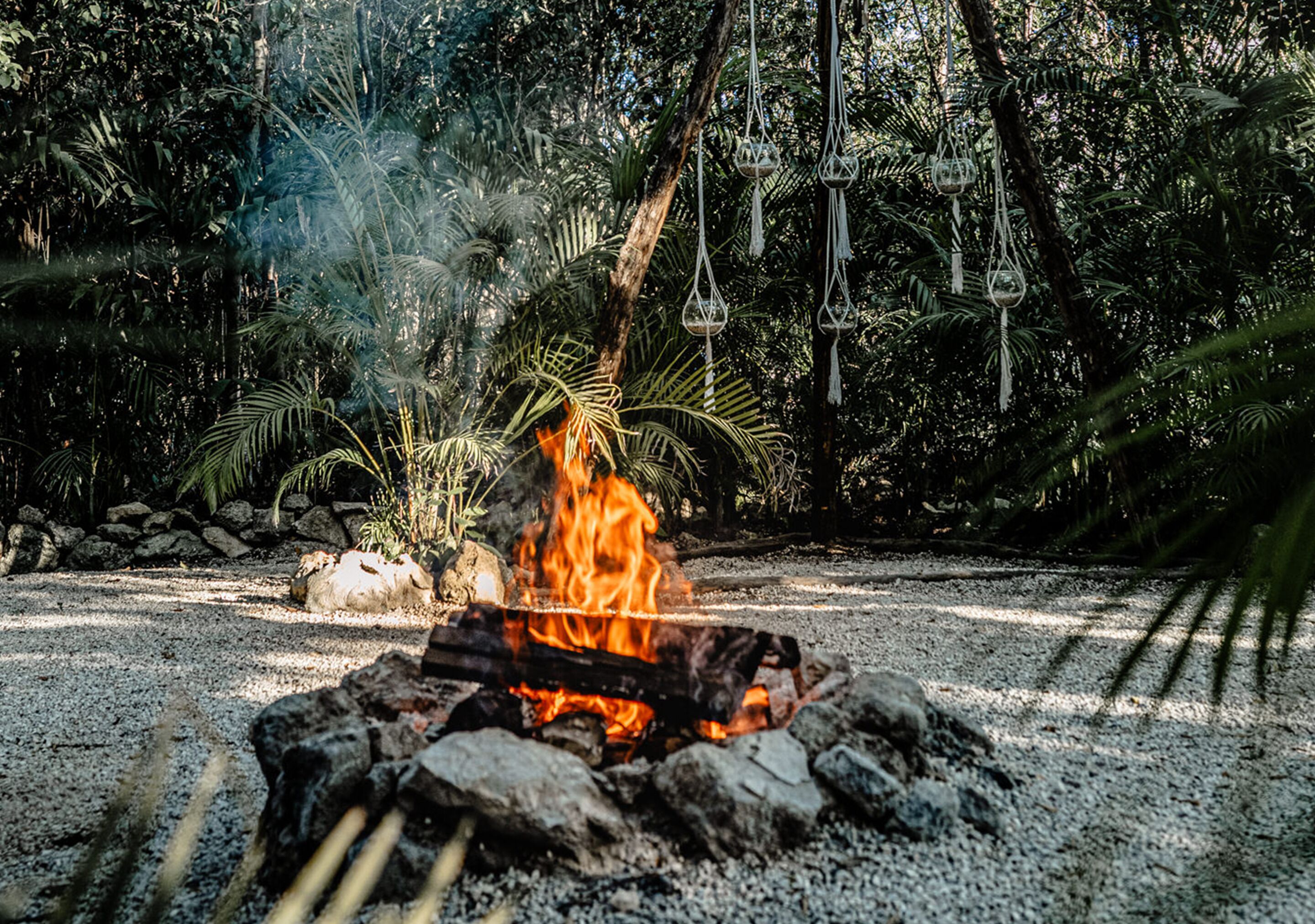 A fire pit surrounded by rocks and gravel, with dense tropical foliage in the background.