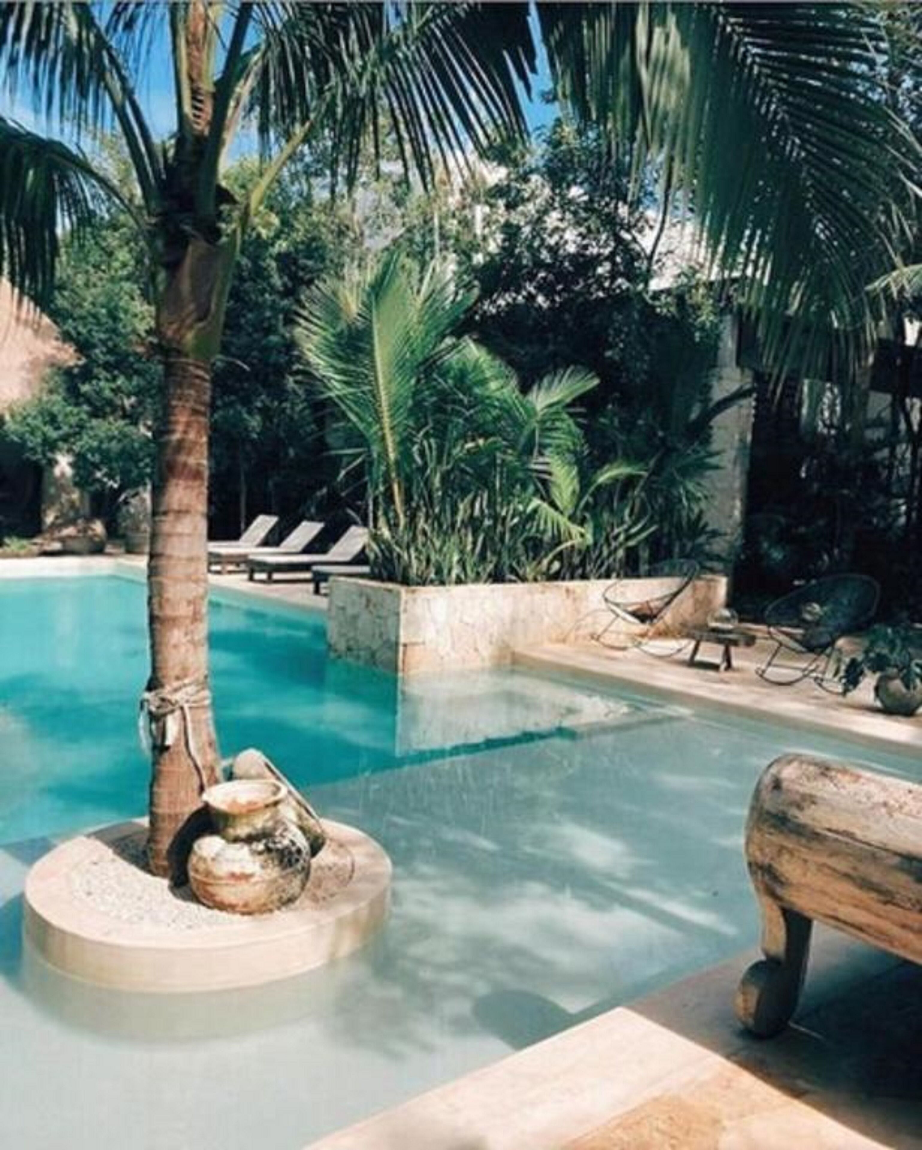 A pool area with lounge chairs, palm trees, and a clear blue pool.