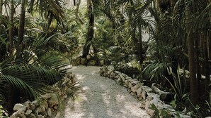Un camino de grava bordeado por rocas y frondosa vegetación tropical.
