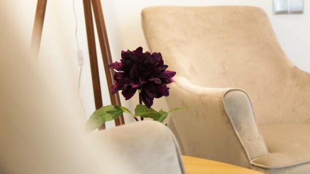 Um quarto com uma poltrona bege, uma mesa pequena e um vaso com flores roxo-escuro.